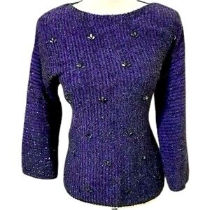 NEW! Ruby Rd. Woman dark purple and black embellished 3/4 sleeve sweater